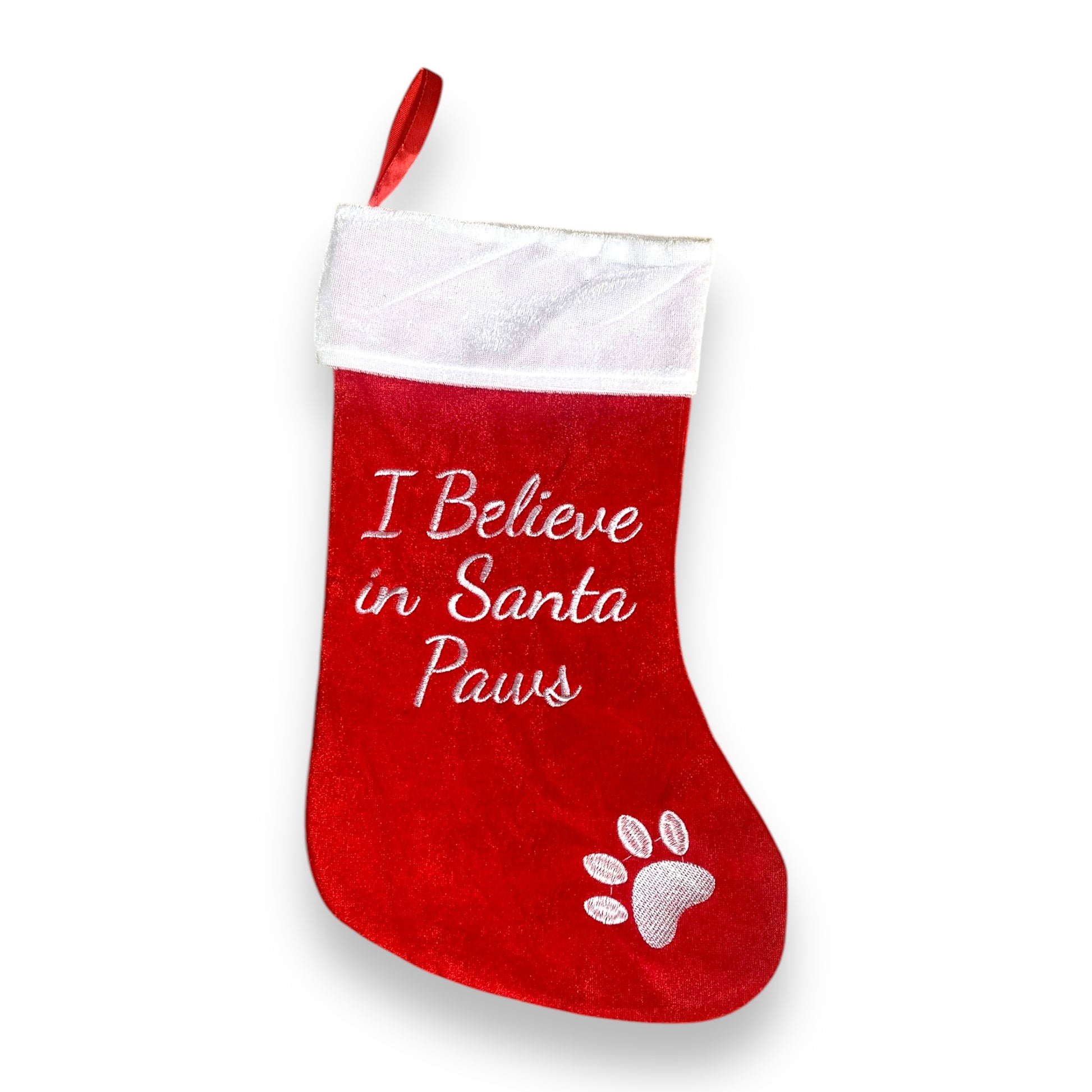 Calza Natalizia per cani da appendere vuota colore rosso scritta paws