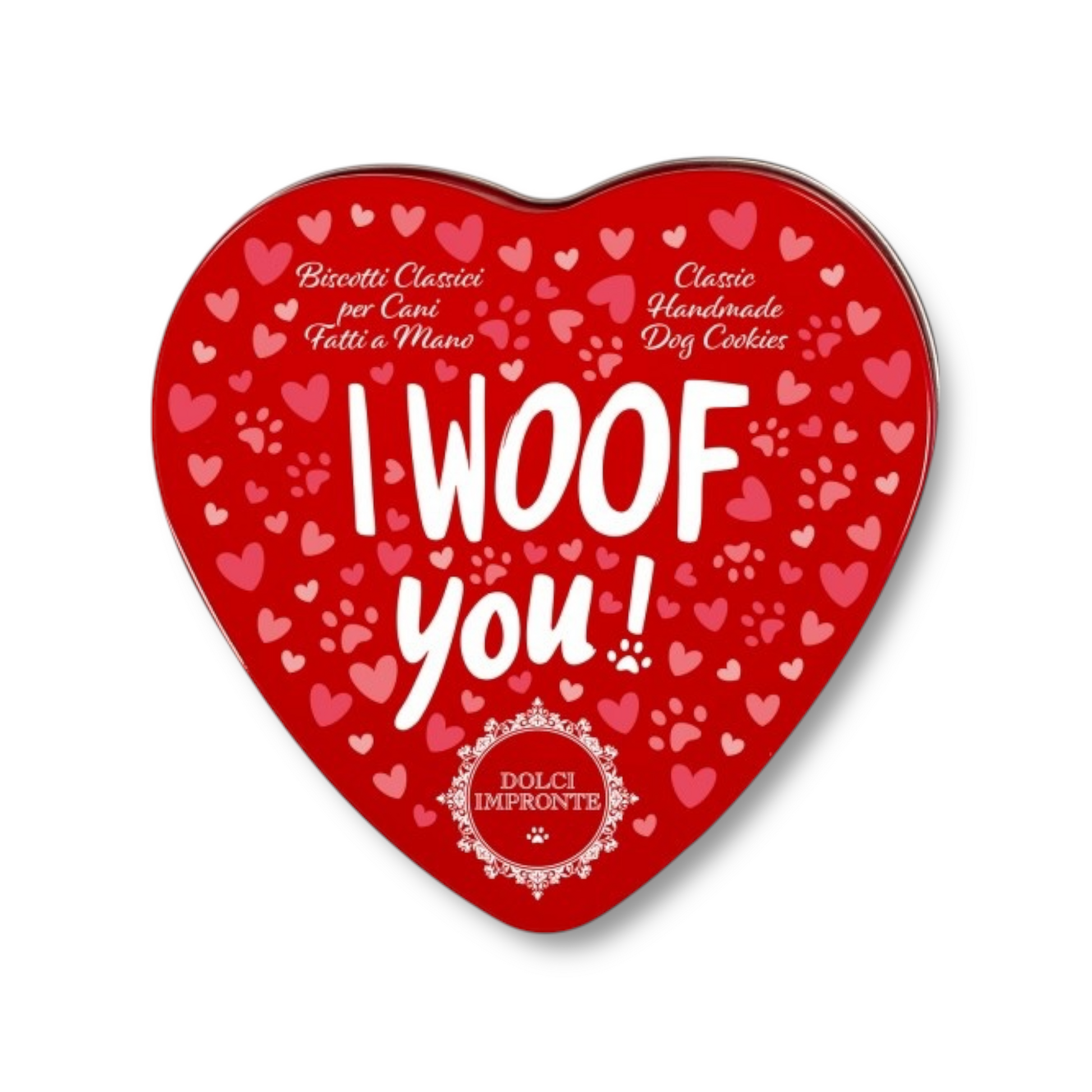 Biscotti per cani in scatola di latta a forma di cuore I WOOF YOU