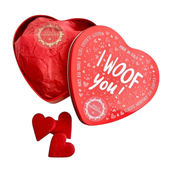 Biscotti per cani in scatola di latta a forma di cuore I WOOF YOU