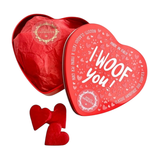 Biscotti per cani in scatola di latta a forma di cuore I WOOF YOU