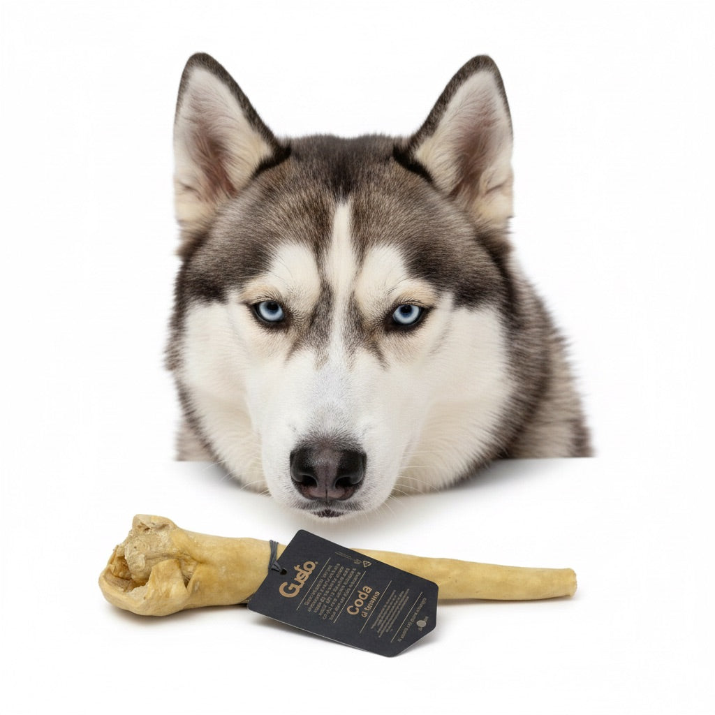 Husky con coda di bovino sbiancata in primo piano – masticativo naturale inodore 100% | Gusto Pet Food | DOG IS GOOD