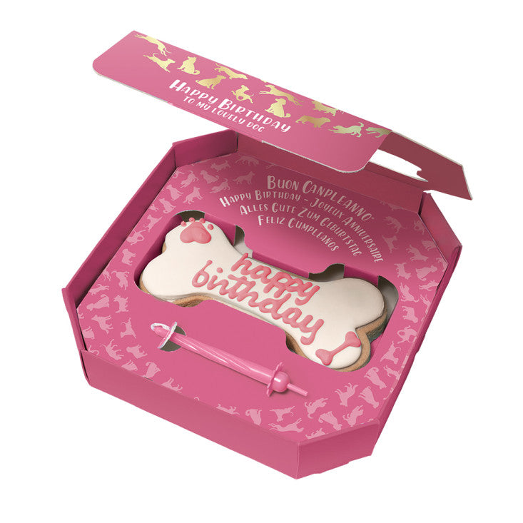Confezione rosa Doggye Bone DoggyeBag con tortina artigianale per il compleanno del cane
