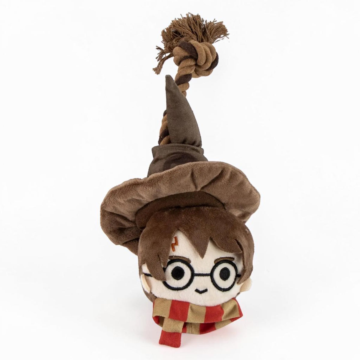 Gioco in corda per cani con peluche della testa di Harry Potter con indosso il Cappello Parlante marrone.