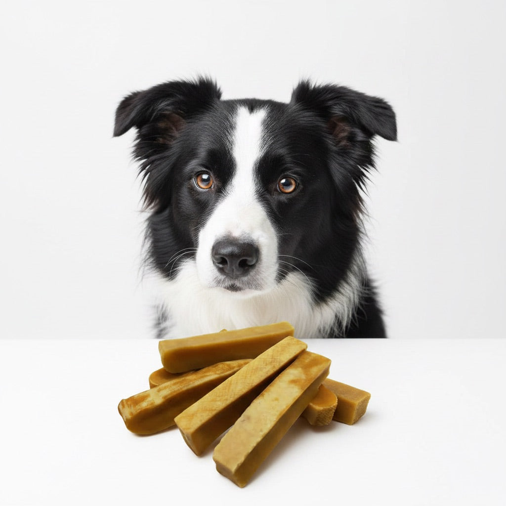 Border Collie con Himalayan stick al latte in primo piano – masticativo naturale lunga durata 100% latte vaccino | Gusto Pet Food | DOG IS GOOD