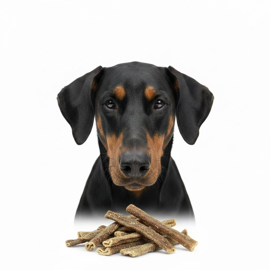 Dobermann con trippa di manzo croccante in primo piano – snack naturale grain-free | Gusto Pet Food | DOG IS GOOD