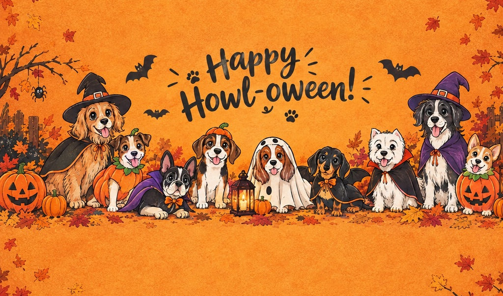 Immagine con cani vestiti per Halloween con foglie secche e zucche.