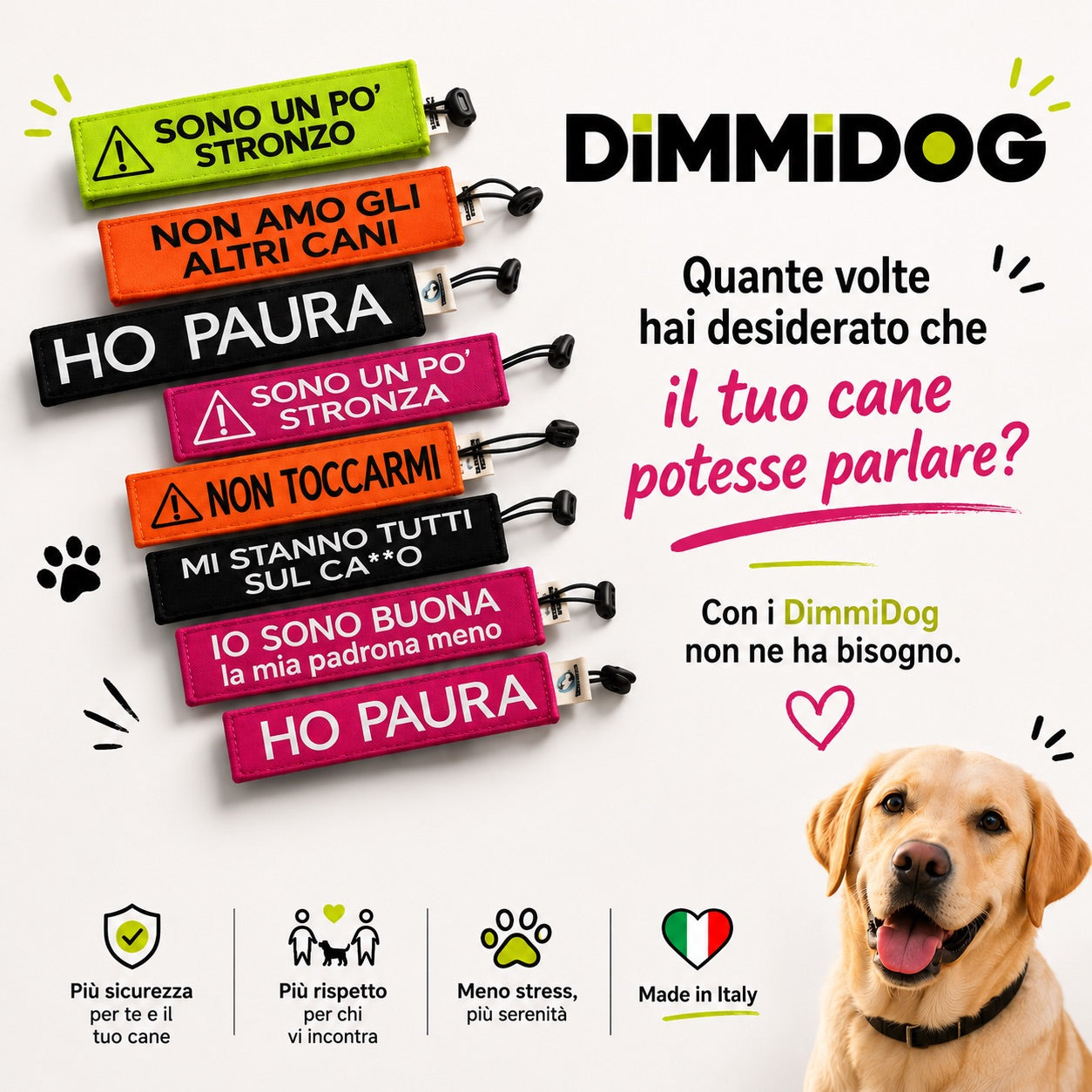 DimmiDog accessori per guinzaglio con messaggio per cani reattivi e timorosi – 6 scritte, 4 colori, taglia Standard e Large, Made in Italy | DOG IS GOOD