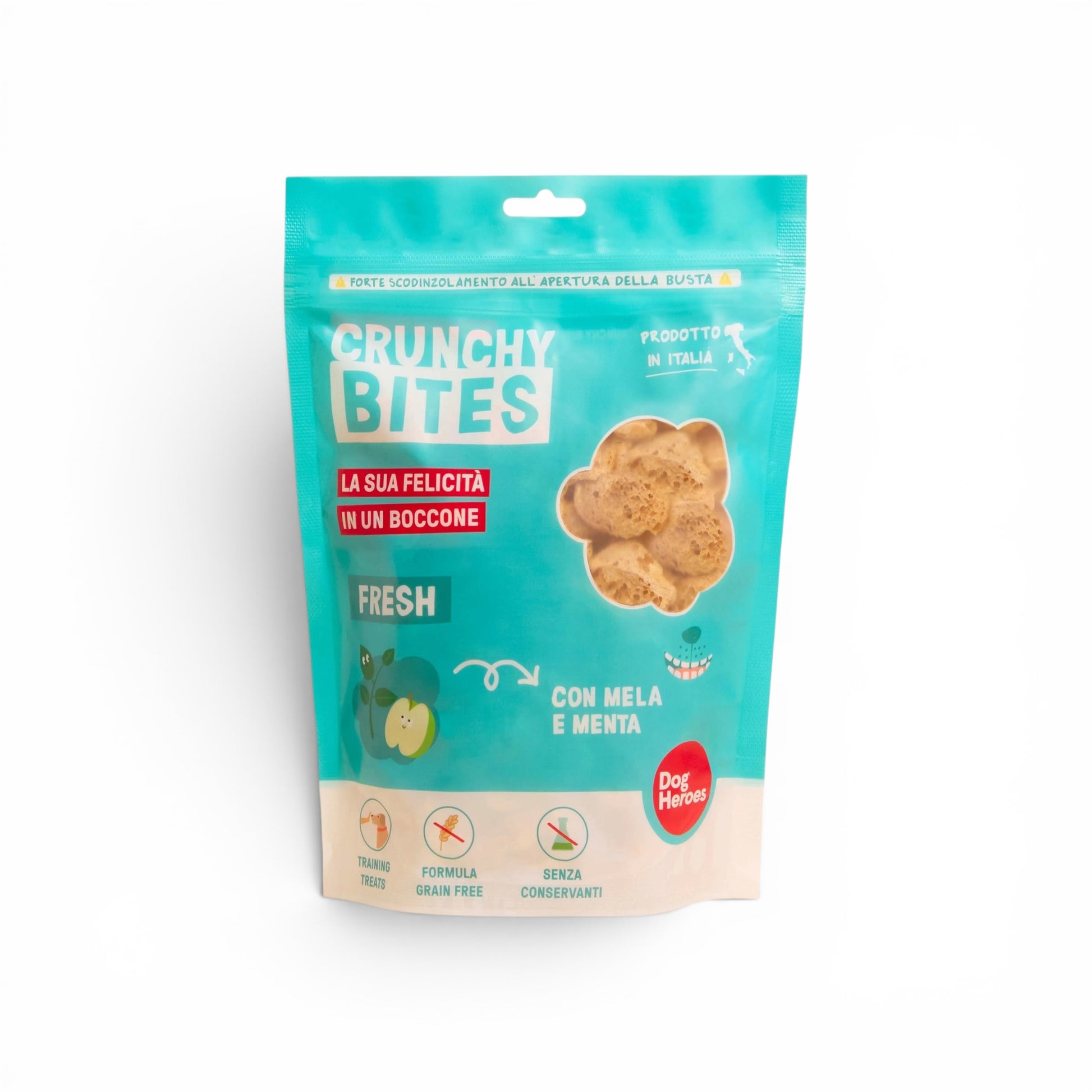 Dog Heroes Crunchy Bites Fresh – snack croccante per cani al gusto mela e menta, grain free e senza conservanti.
