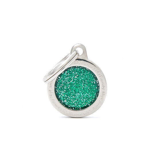 Medaglietta personalizzabile per cani rotonda con glitter verdi brillantini