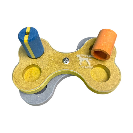 Gioco di attivazione mentale per cani a forma di osso con piani rotanti in legno