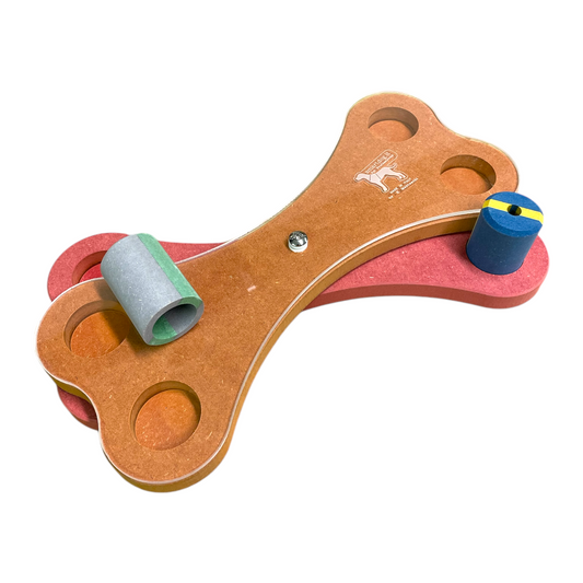 Gioco di attivazione mentale per cani a forma di osso con piani rotanti in legno taglia grande