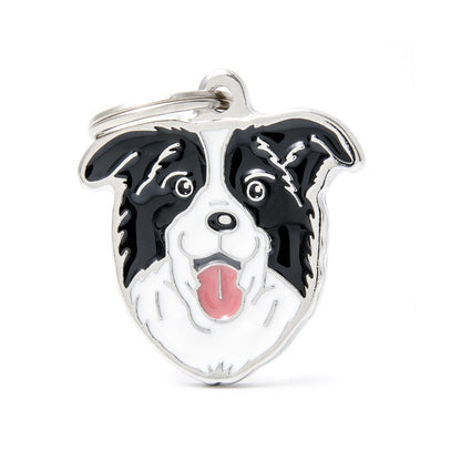 Medaglietta Border Collie MyFamily con muso bianco e nero, linguetta rosa e anellino