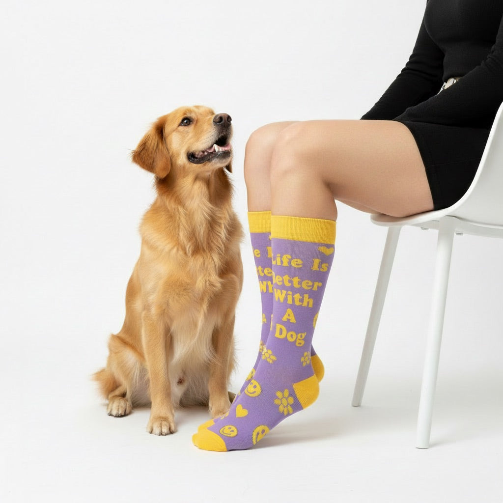 Calze Pet Pwr Life Is Better With A Dog indossate su sedia con cane accanto – calze ricamate per dog lover | Pet Pwr | DOG IS GOOD