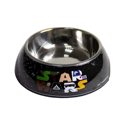 Ciotola nera per animali vista dall’alto, con interno metallico argentato e grafica multicolore sul bordo, su sfondo bianco.