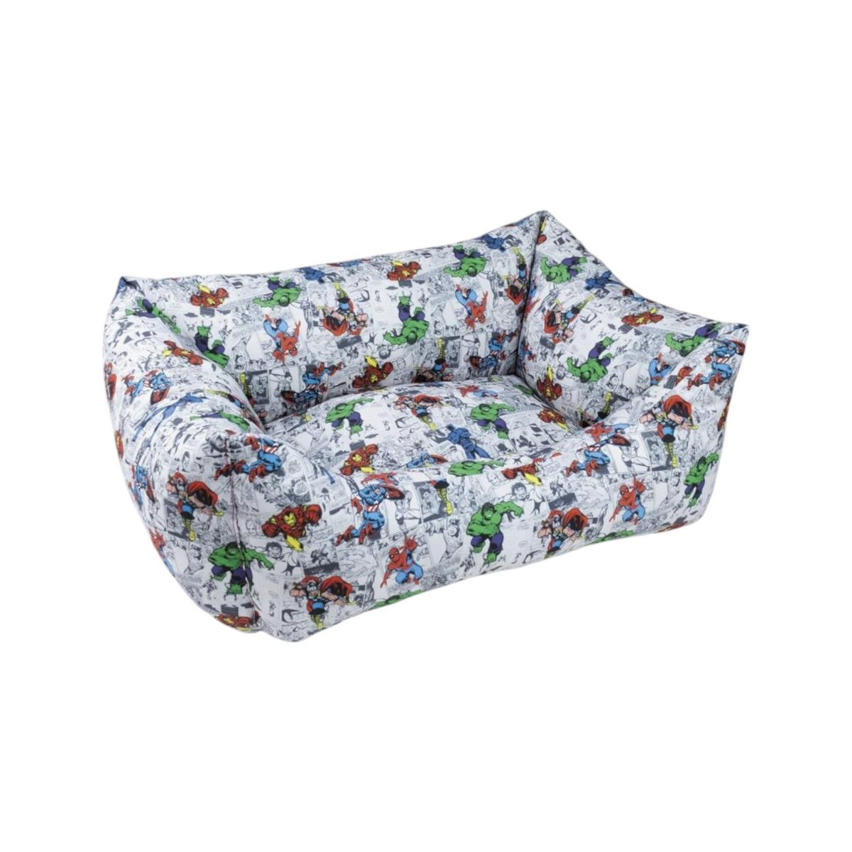 Cuccia imbottita a sponde rialzate, rivestita con stampe multicolori di personaggi e vignette dei fumetti su fondo bianco.