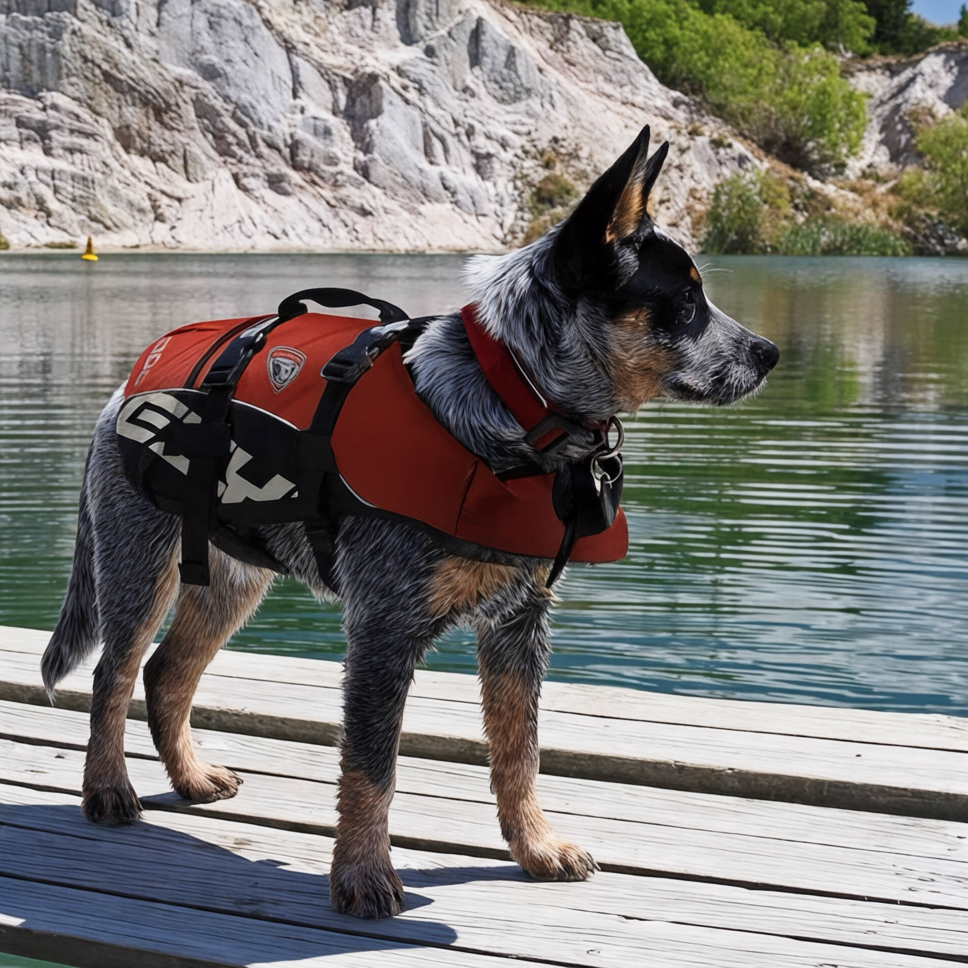 Cane con giubbotto di salvataggio EzyDog DFD su barca o al lago – sicurezza in acqua per cani di tutte le taglie