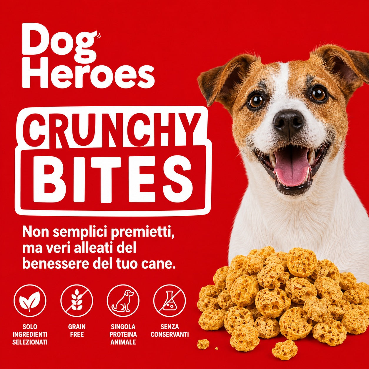 Dog Heroes Crunchy Bites – snack naturali grain free per cani in 3 ricette funzionali: Fresh, Protection e Love.