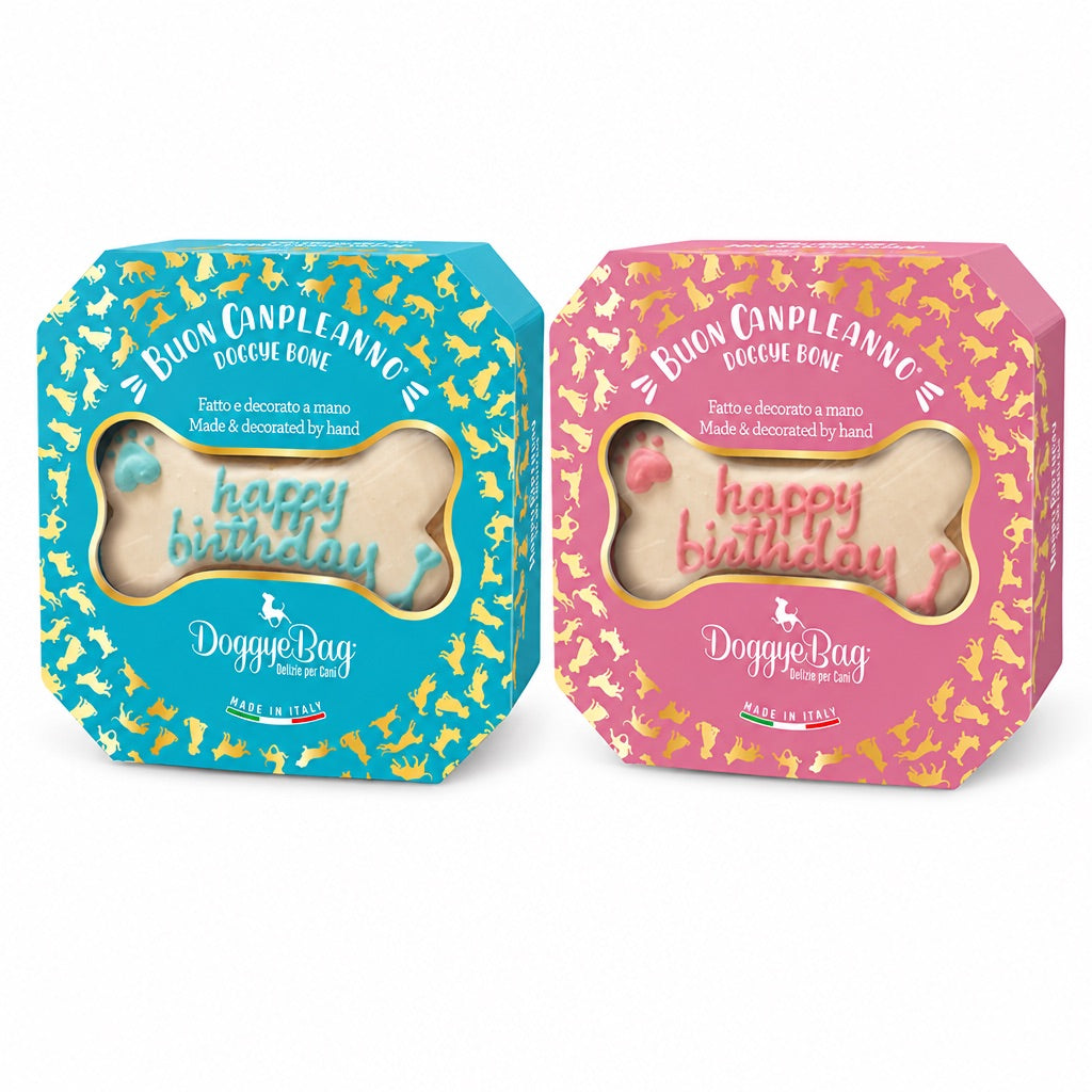 Doggye Bone DoggyeBag nelle varianti azzurra e rosa con tortine di compleanno per cani
