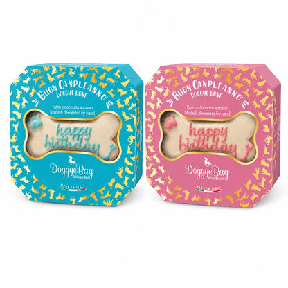 Doggye Bone DoggyeBag nelle varianti azzurra e rosa con tortine di compleanno per cani