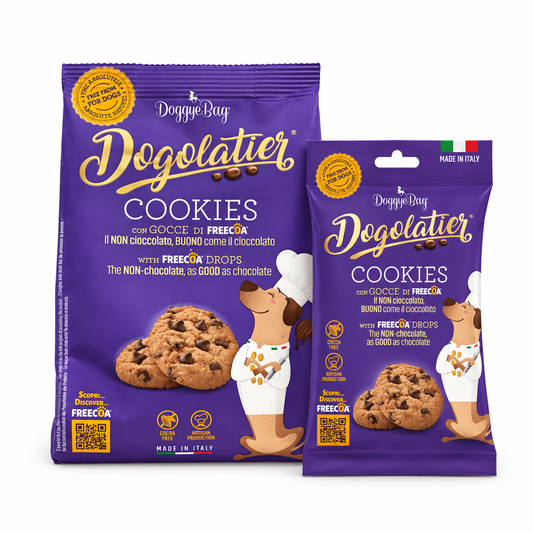 Cookies Dogolatier per cani nelle versioni Standard e Pocket Mini, confezioni viola DoggyeBag