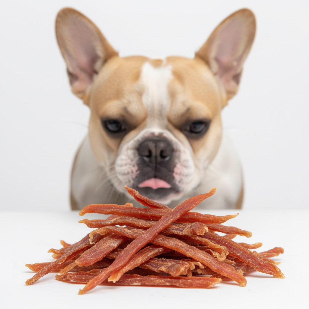 Bulldog Francese con filetti di anatra essiccati in primo piano – snack monoproteico grain-free | Gusto Pet Food | DOG IS GOOD