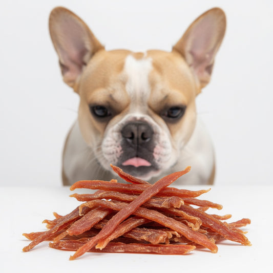Bulldog Francese con filetti di anatra essiccati in primo piano – snack monoproteico grain-free | Gusto Pet Food | DOG IS GOOD