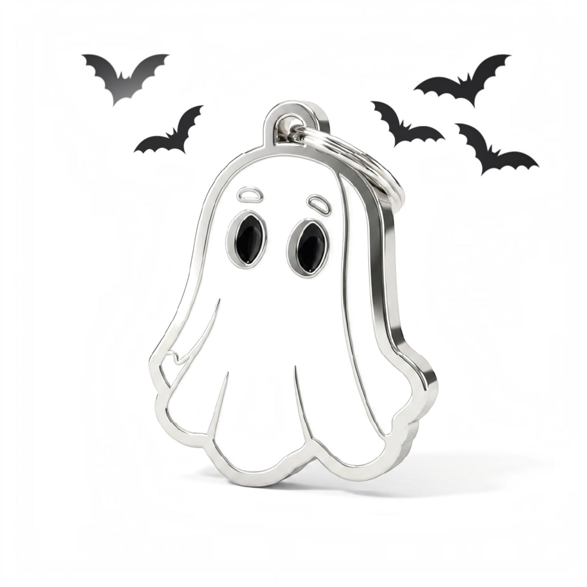 Medaglietta Ghostie a forma di fantasma bianco con occhi scuri e anellino, per Halloween