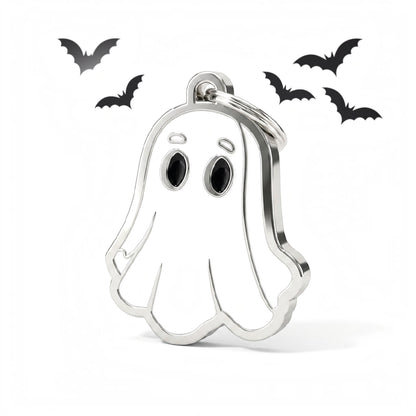 Medaglietta Ghostie a forma di fantasma bianco con occhi scuri e anellino, per Halloween