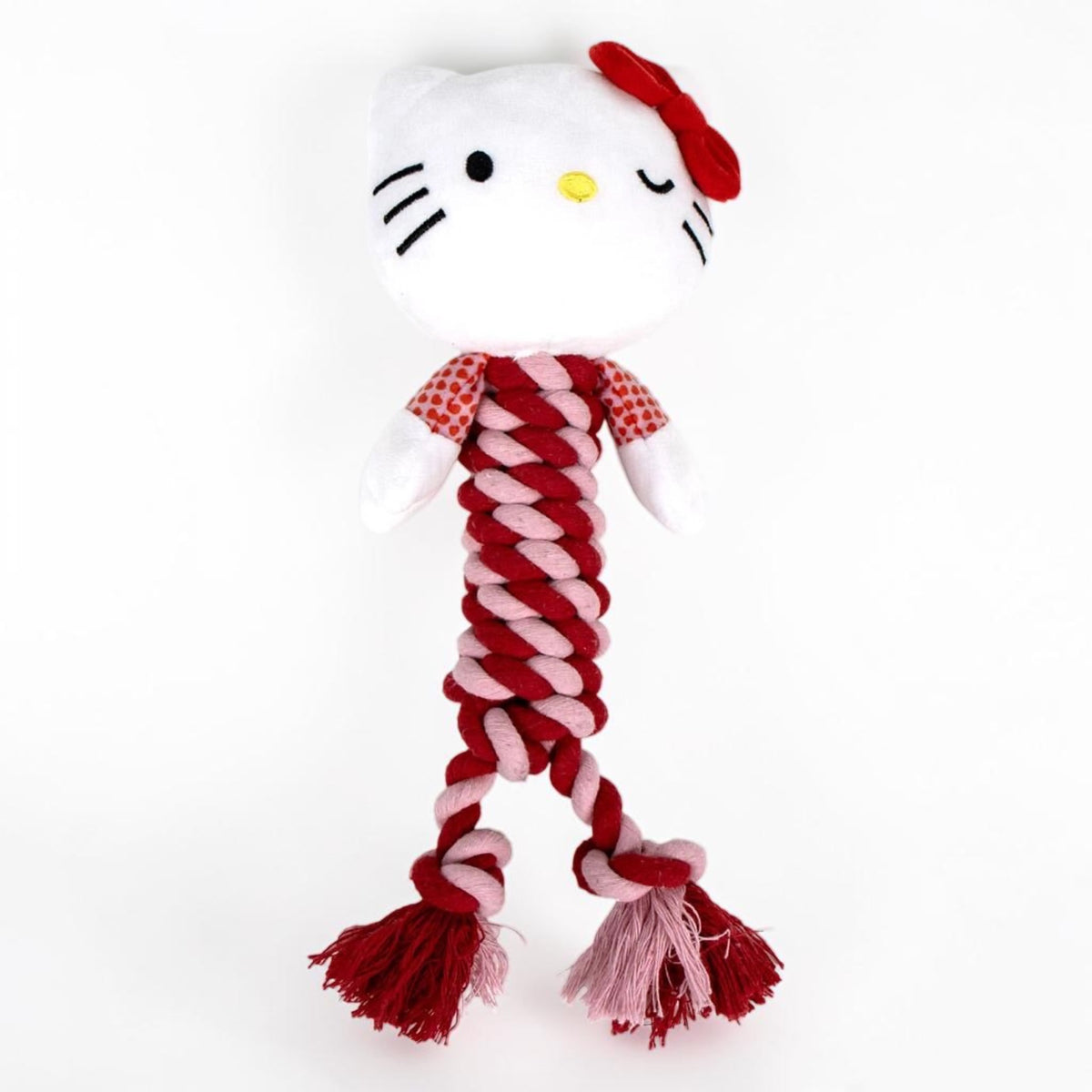 Gioco per cani ufficiale a forma di peluche intero di Hello Kitty con corpo in spessa corda intrecciata bicolore rosa e rossa.