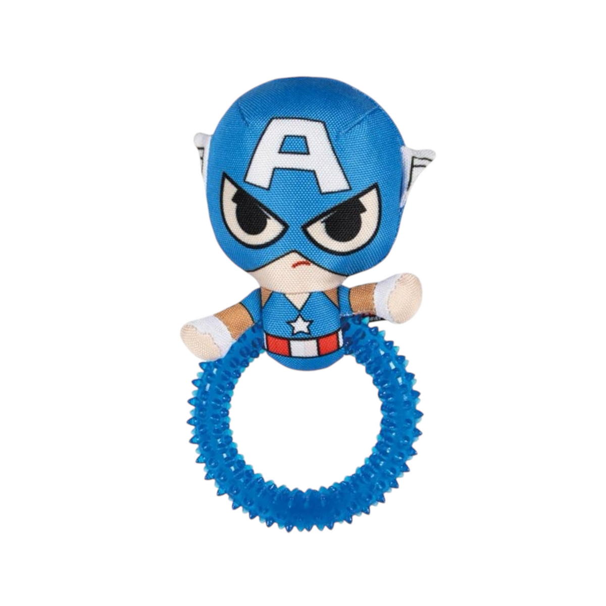 Gioco per cani con anello circolare blu in gomma testurizzata e figura in tessuto soprastante, con maschera azzurra, costume blu e dettagli bianchi e rossi, su sfondo bianco.