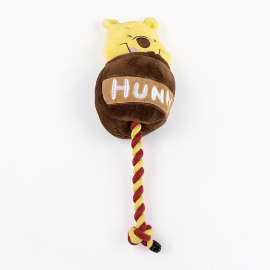 Gioco in corda per cani con peluche di Winnie the Pooh e corda gialla e rossa.
