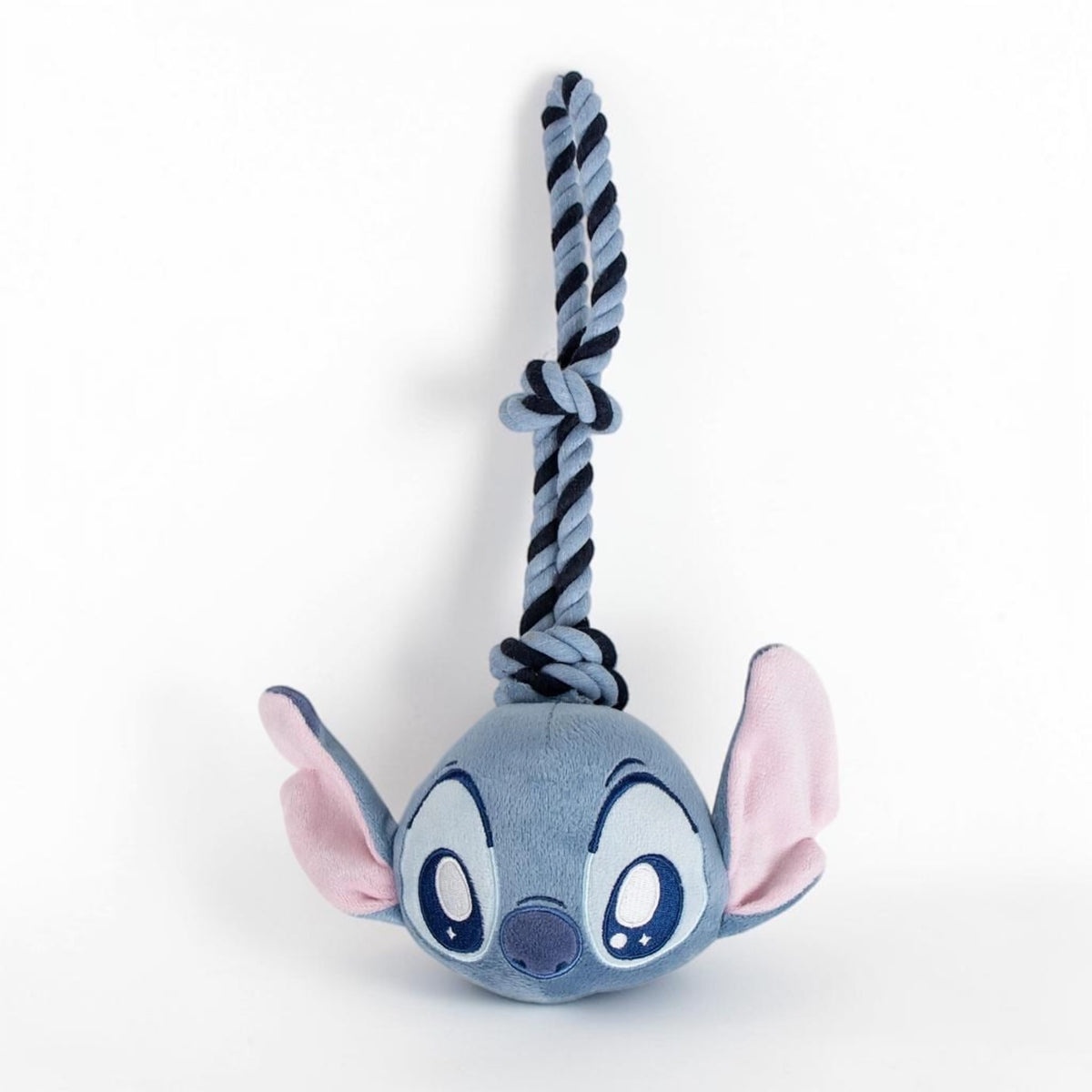 Gioco per cani di Stitch formato da testa in peluche e spessa corda intrecciata blu da 33 cm con maxi nodo finale.