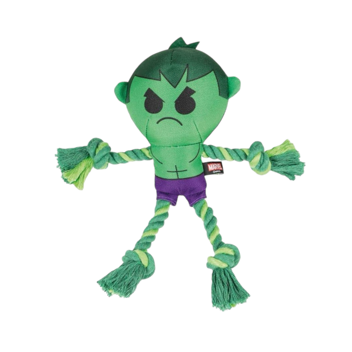Gioco per cani a figura intera con corpo verde, pantaloncini viola e braccia e gambe in corda intrecciata verde con nodi e frange, su sfondo bianco.