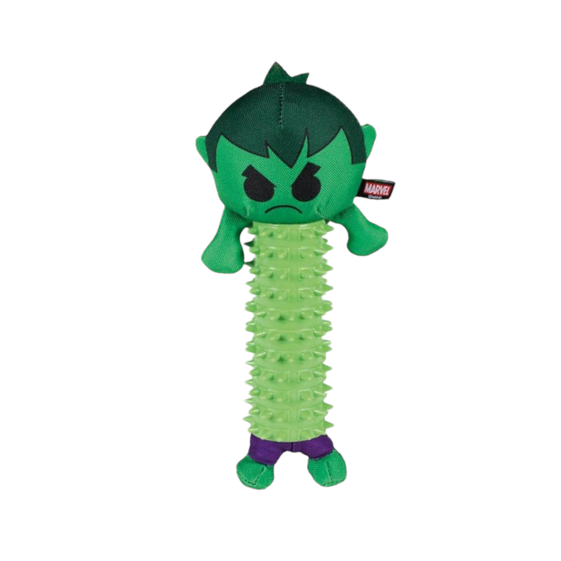 Gioco in gomma verde a figura intera con corpo allungato e superficie in rilievo, testa con capelli scuri, braccia laterali e pantaloncini viola, su sfondo bianco.