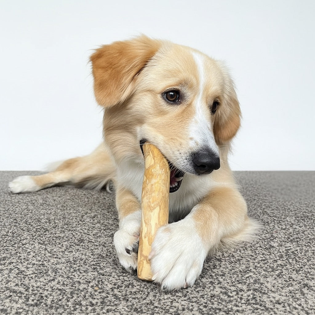 Golden Retriever che mastica un bastoncino in legno di caffè - Osso Albero del Caffè Inodorina