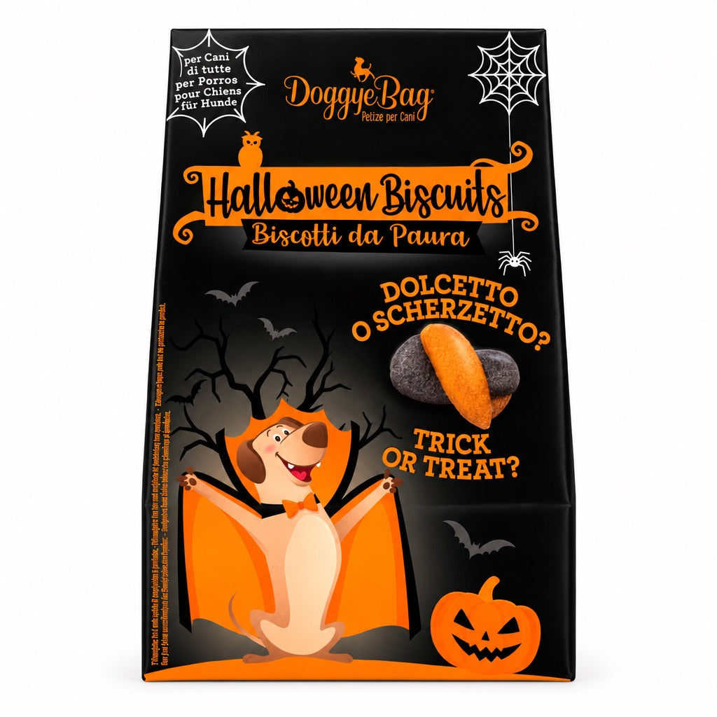 Confezione frontale degli Halloween Biscuits DoggyeBag, snack per cani nell'astuccio a tema Halloween