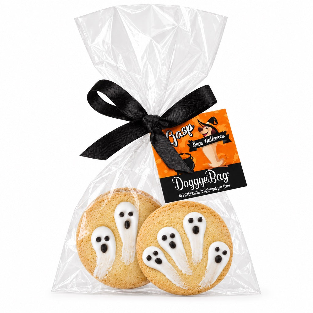 Confezione Halloween Gasp! DoggyeBag con due biscotti per cani decorati con fantasmi e fiocco nero