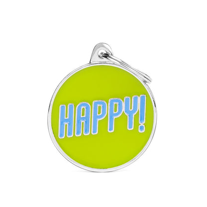 Medaglietta tonda con scritta Happy! per cani personalizzabile - Happy! MyFamily