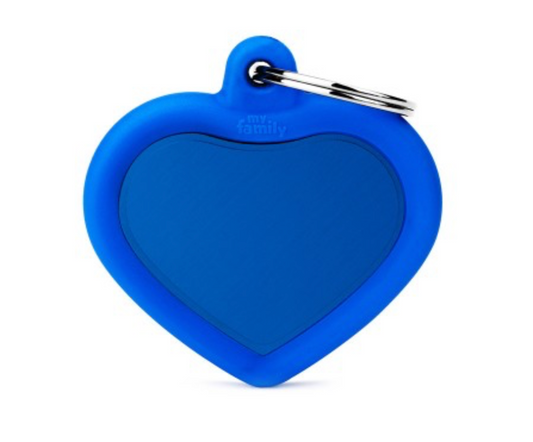 Medaglietta silenziosa a forma di cuore con gomma blu per il collare del cane.