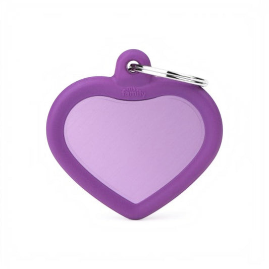 Medaglietta silenziosa a forma di cuore con gomma viola per il collare del cane.