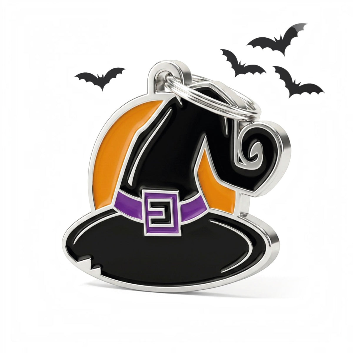 Medaglietta Witchy Hat a forma di cappello da strega nero, con dettagli arancioni e viola
