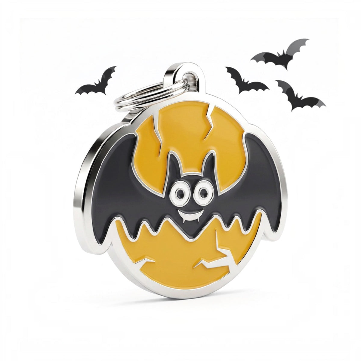 Medaglietta Batsy con pipistrello nero su sfondo arancione e anellino, per Halloween