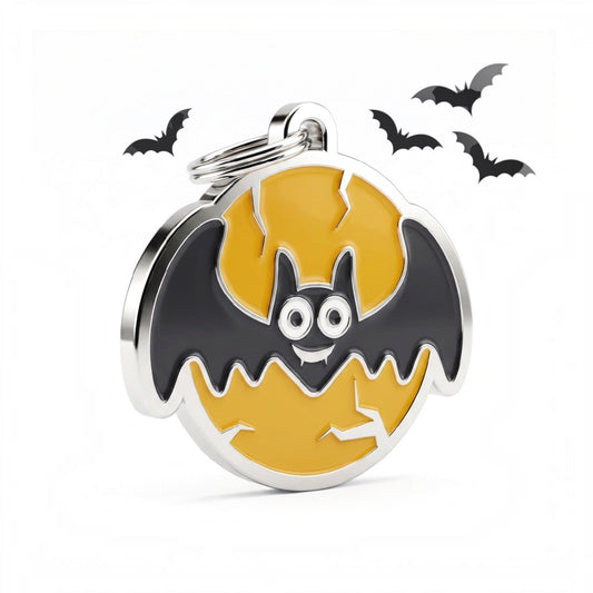 Medaglietta Batsy con pipistrello nero su sfondo arancione e anellino, per Halloween