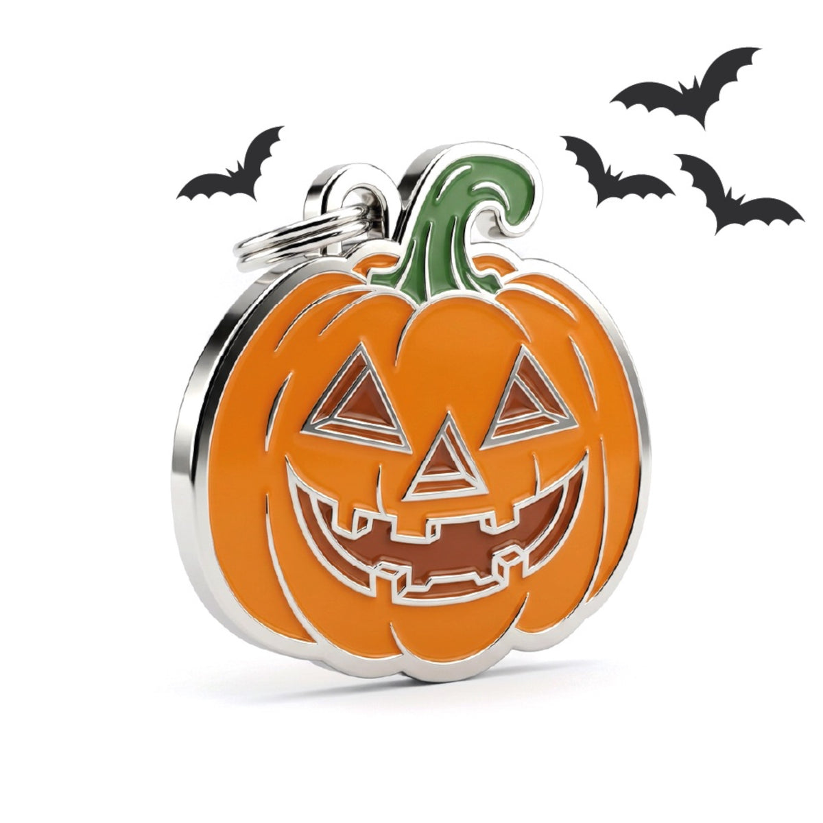 Medaglietta Zucca arancione con gambo verde e sorriso intagliato, per Halloween