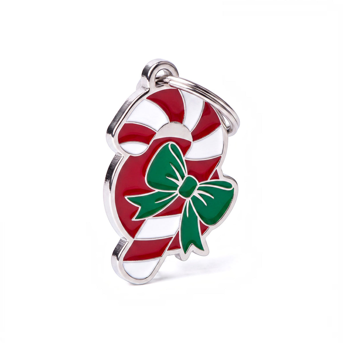 Medaglietta Candy Cane a forma di bastoncino natalizio rosso e bianco con fiocco verde e anellino
