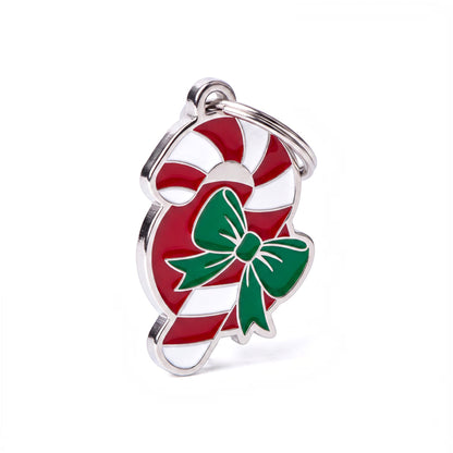 Medaglietta Candy Cane a forma di bastoncino natalizio rosso e bianco con fiocco verde e anellino