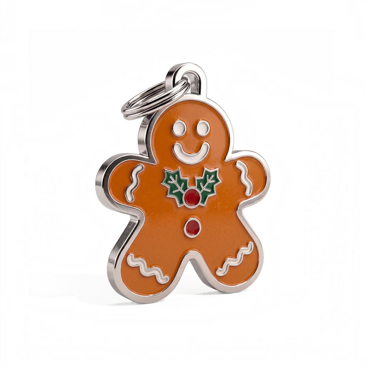Medaglietta GingerBread a forma di omino pan di zenzero con agrifoglio verde e rosso e anellino
