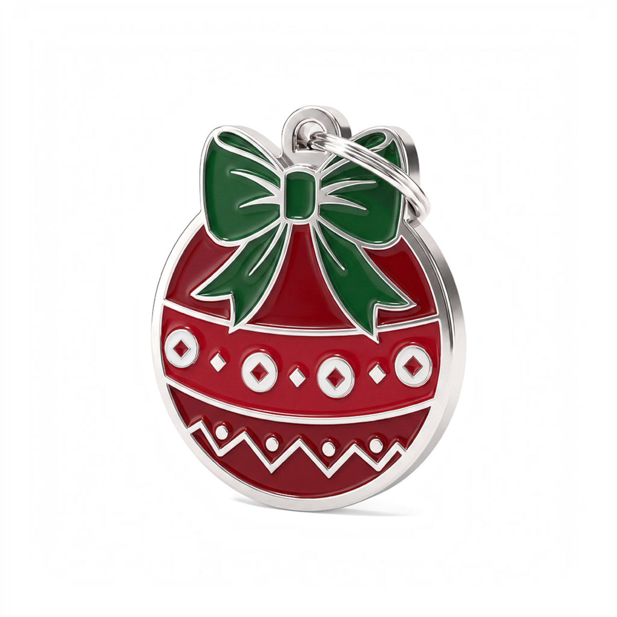 Medaglietta Xmas Ball a forma di pallina natalizia rossa con fiocco verde e anellino