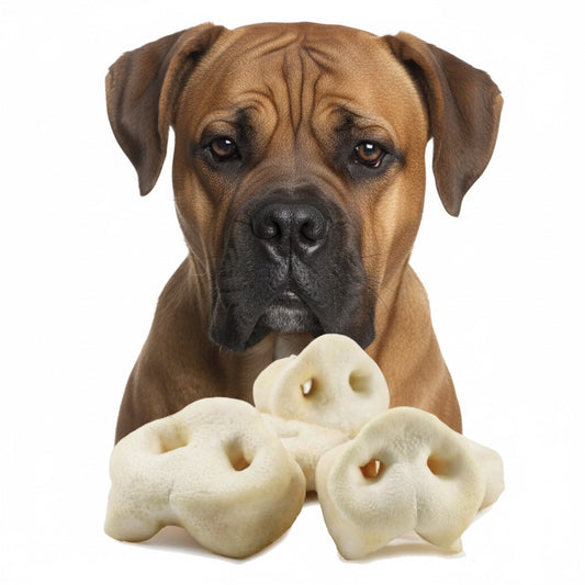 Cane Corso con musetto di suino essiccato al miele in primo piano – snack monoproteico 100% naturale | Gusto Pet Food | DOG IS GOOD