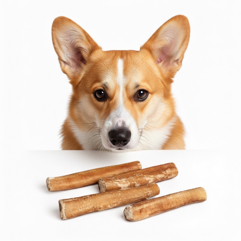 Corgi con nerbo di toro essiccato inodore in primo piano – masticativo naturale 100% senza glutine | Gusto Pet Food | DOG IS GOOD